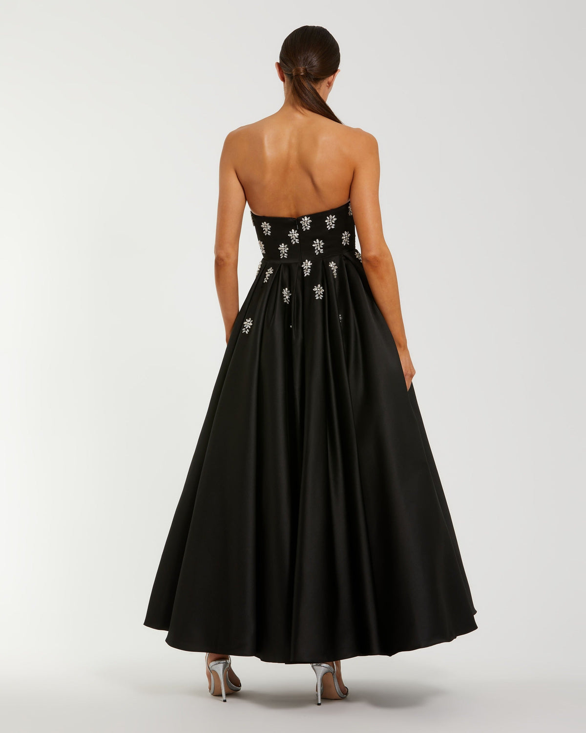 Mac Duggal Black Strapless Crystal Embellished Satin A-Line Dress