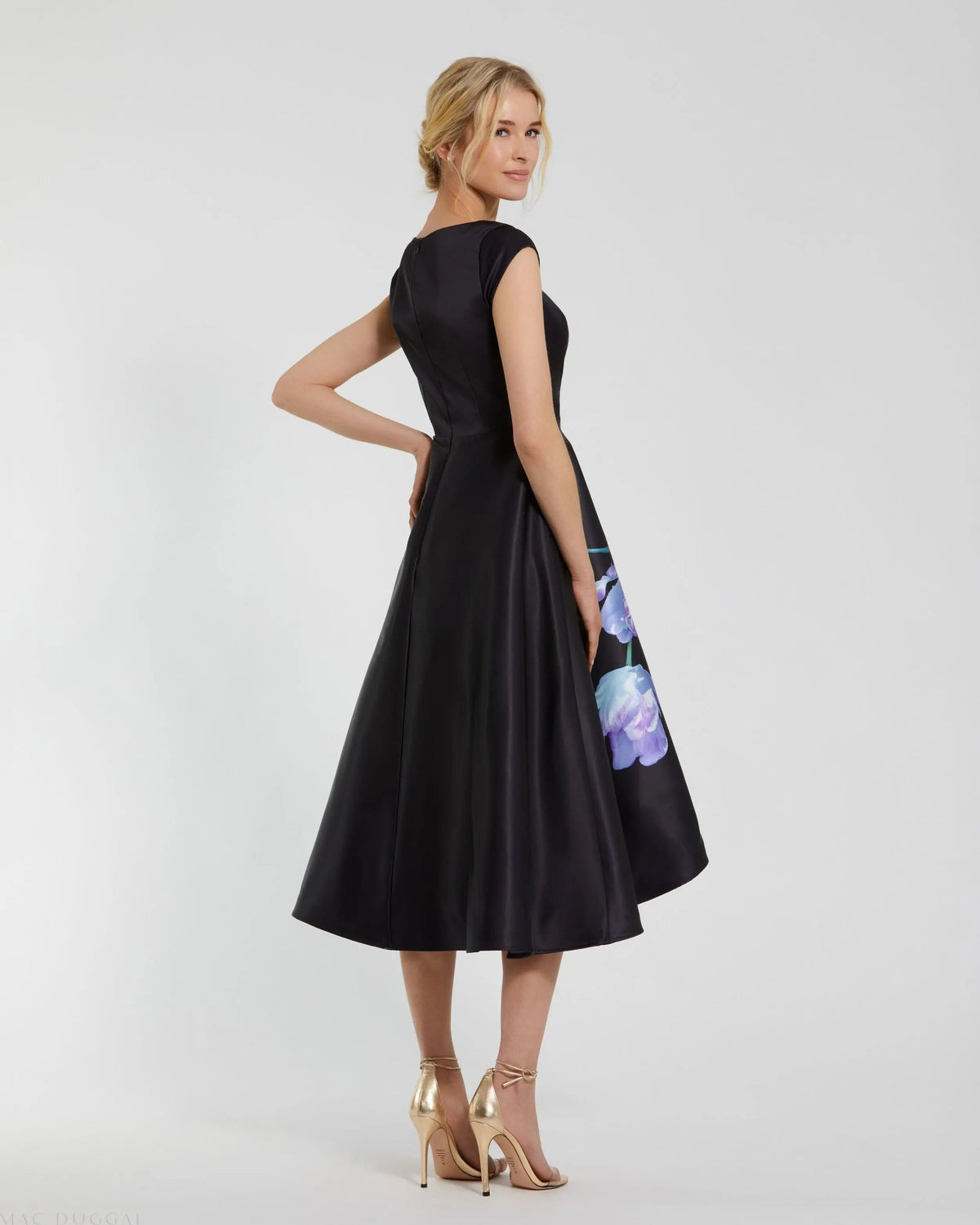 Mac Duggal Satin Cap Sleeve Midi Dress With Floral Print Duggal