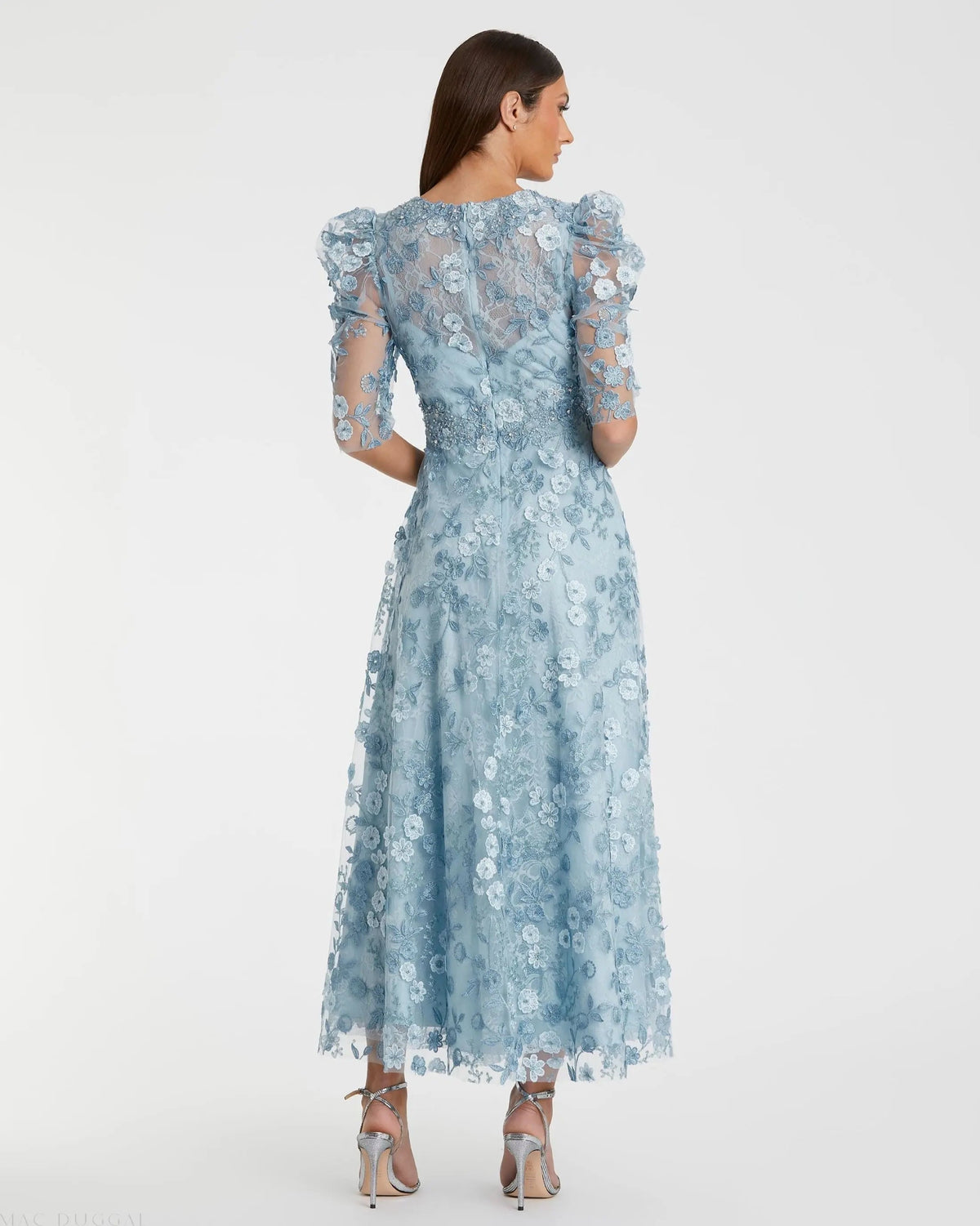 Mac Duggal Blue Applique High Neck Puff Sleeve A Line Dress
