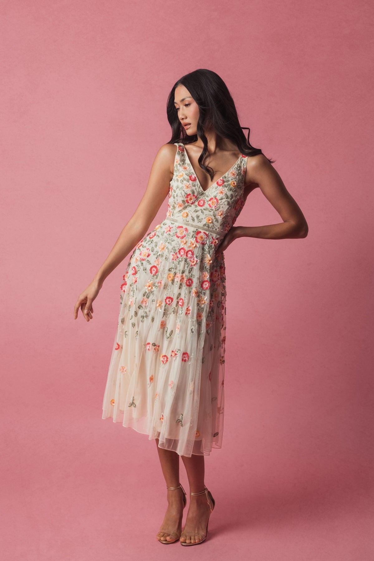 Mac Duggal White V-Neck Sleeveless Midi Floral Beaded A-line Dress Duggal
