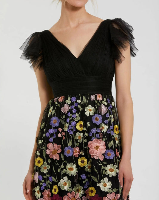 Mac Duggal Black Multicolor Embroidered Flutter Sleeve Floral Dress