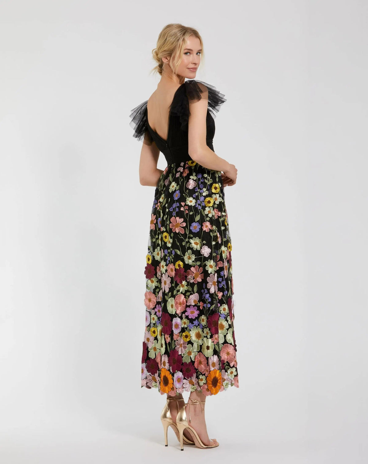 Mac Duggal Black Multicolor Embroidered Flutter Sleeve Floral Dress