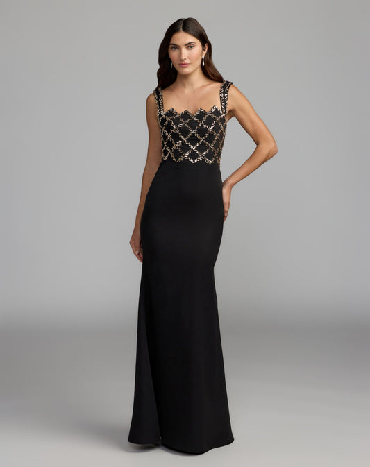 Mac Duggal Petite Black Embellished Square Neck Column Gown