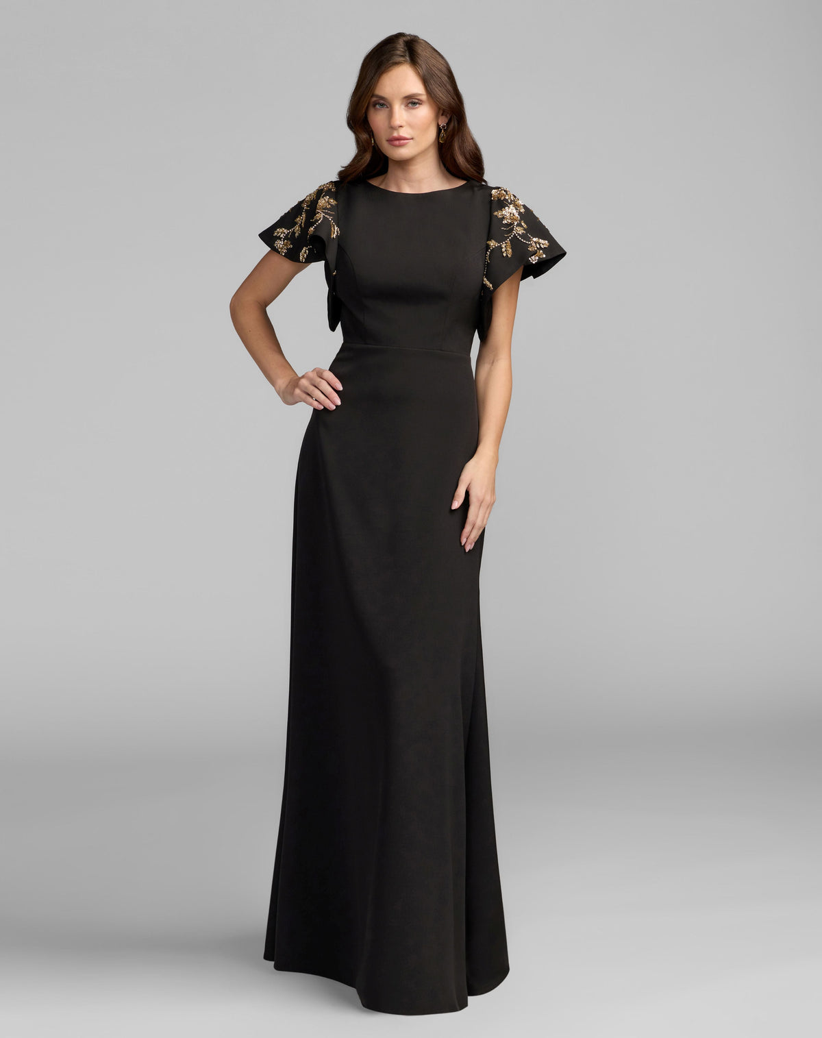Mac Duggal Petite Black Embellished Flutter Sleeve Crepe Gown