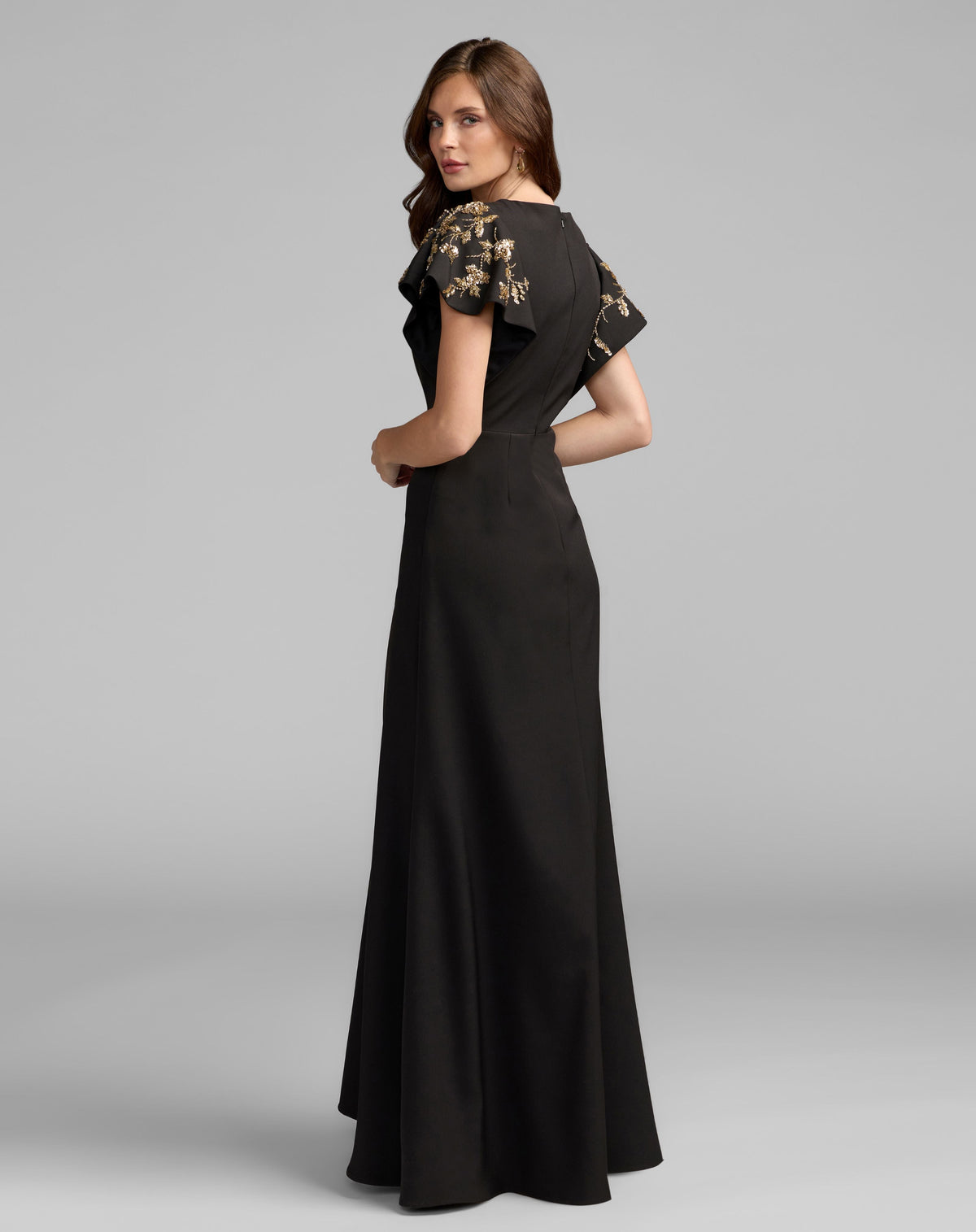 Mac Duggal Petite Black Embellished Flutter Sleeve Crepe Gown