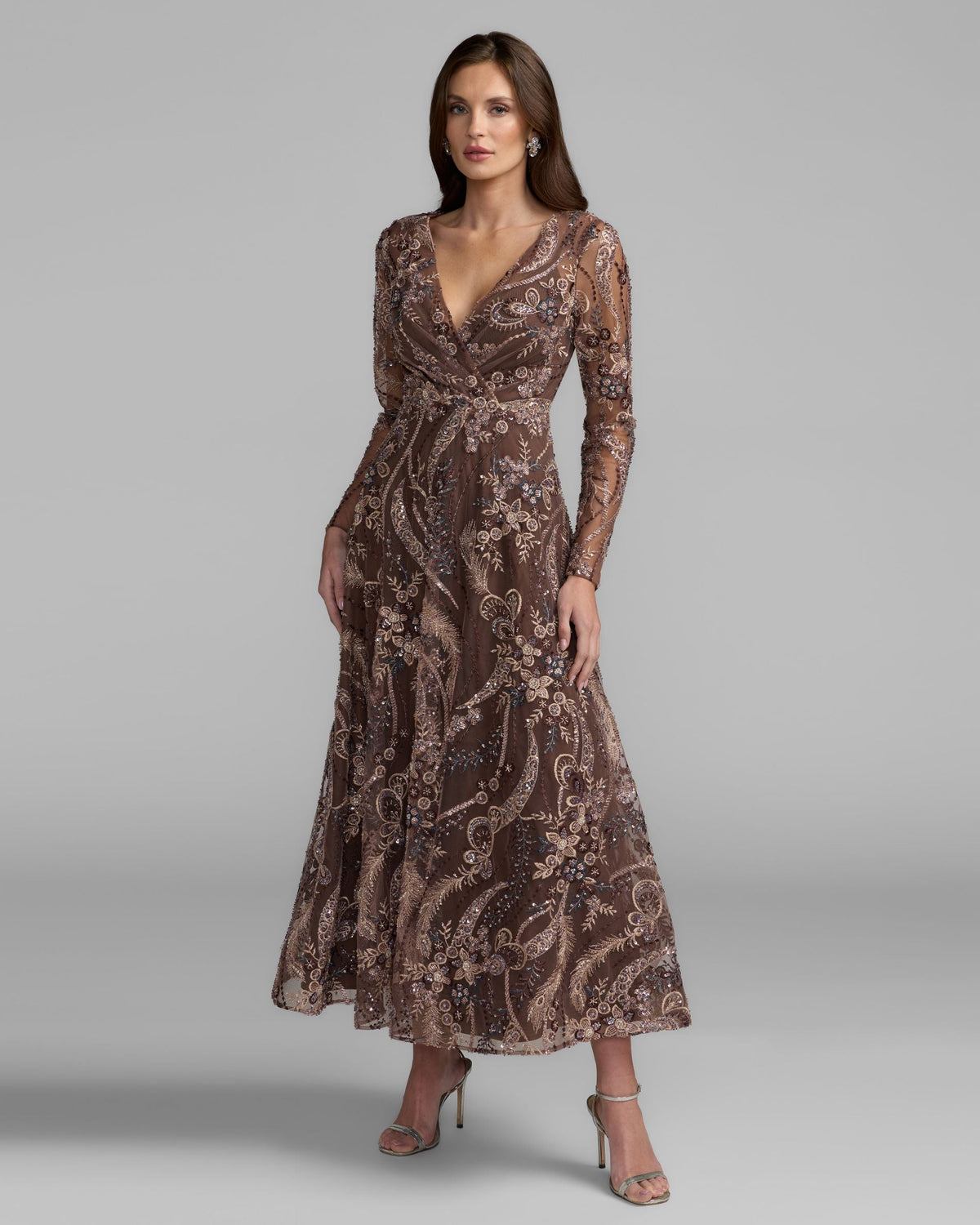 Mac Duggal Brown Beaded Embroidered Maxi Dress