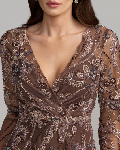 Mac Duggal Brown Beaded Embroidered Maxi Dress