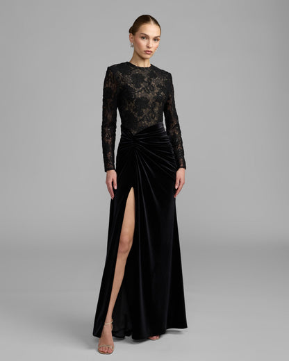 Mac Duggal Petite Black Embroidered Lace Velvet Long Sleeve Gown