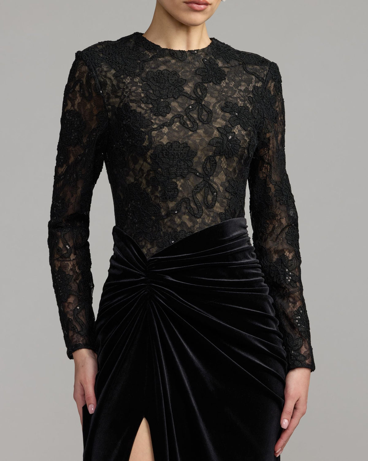 Mac Duggal Petite Black Embroidered Lace Velvet Long Sleeve Gown