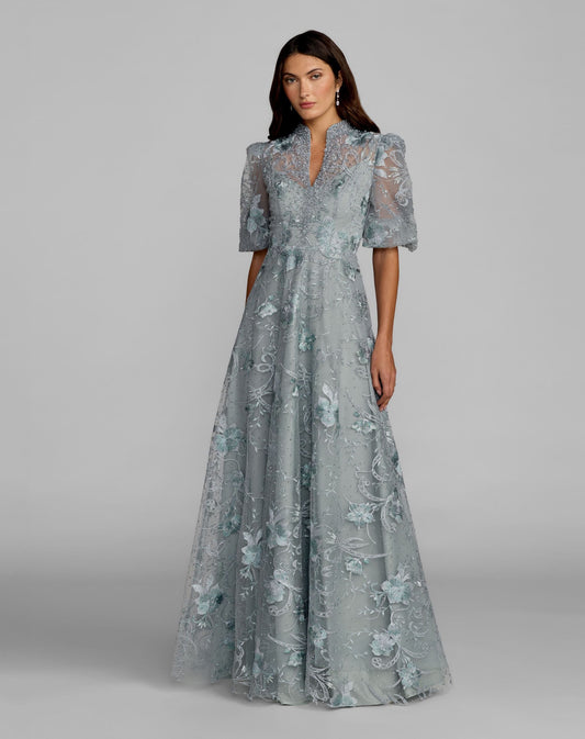 Mac Duggal Blue Queen Anne Puff Sleeve Embroidered A-Line Gown
