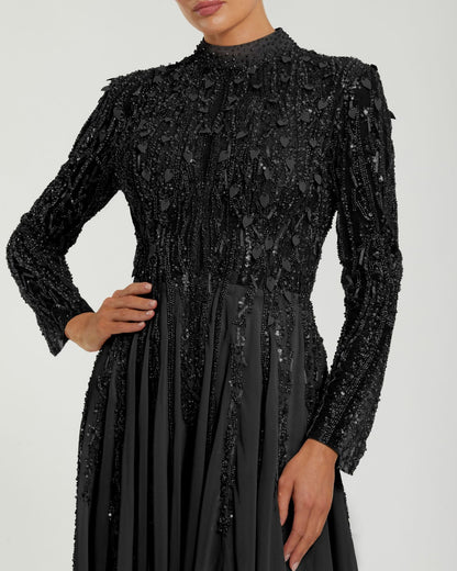Mac Duggal Petite Black Embellished Long Sleeve Gown with Slit
