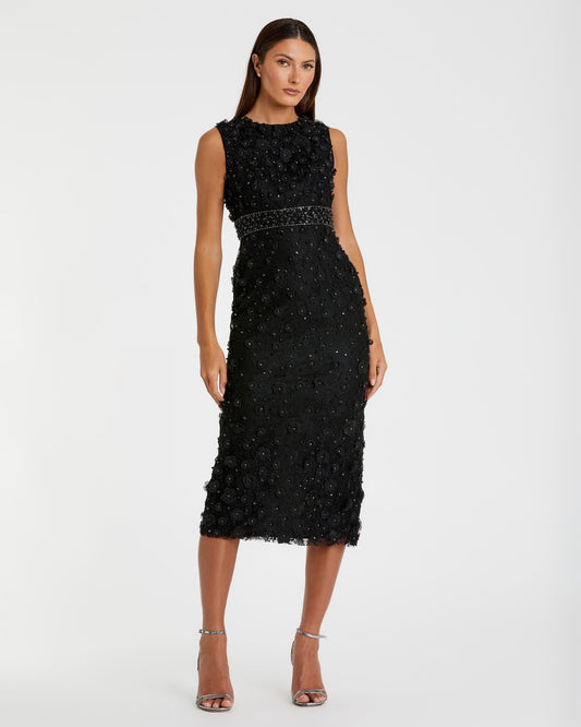 Mac Duggal Petite Black Floral Applique Sleeveless Midi Dress