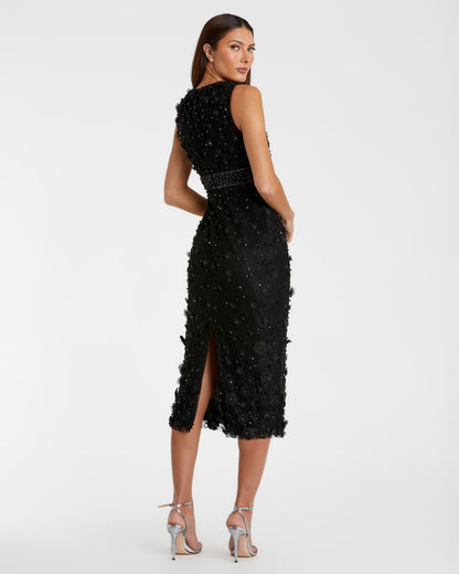 Mac Duggal Petite Black Floral Applique Sleeveless Midi Dress