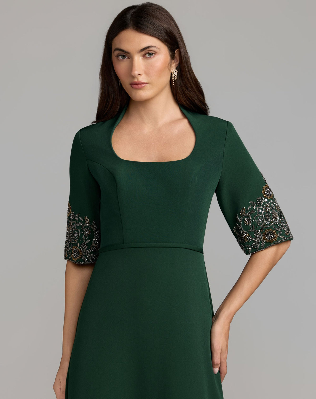 Mac Duggal Petite Green Scoop Neck Beaded Cuff Crepe Gown