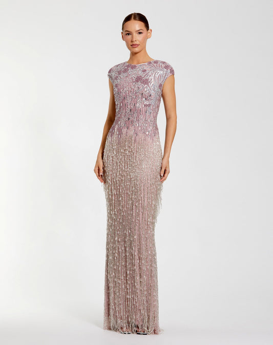 Mac Duggal Petite Purple Embellished Cap Sleeve Gown With Fringe Beading