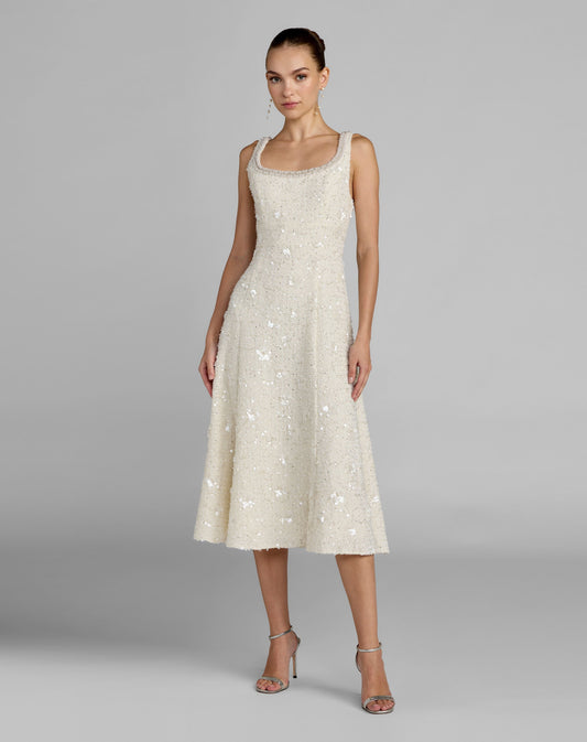 Mac Duggal Petite Ivory Embellished Boucle Sleeveless A-Line Midi Dress