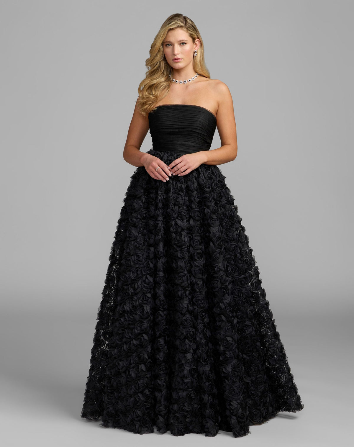 Mac Duggal Petite Black Strapless 3D Rosette Ball Gown