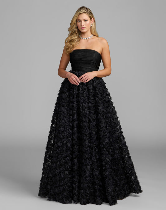 Mac Duggal Petite Black Strapless 3D Rosette Ball Gown