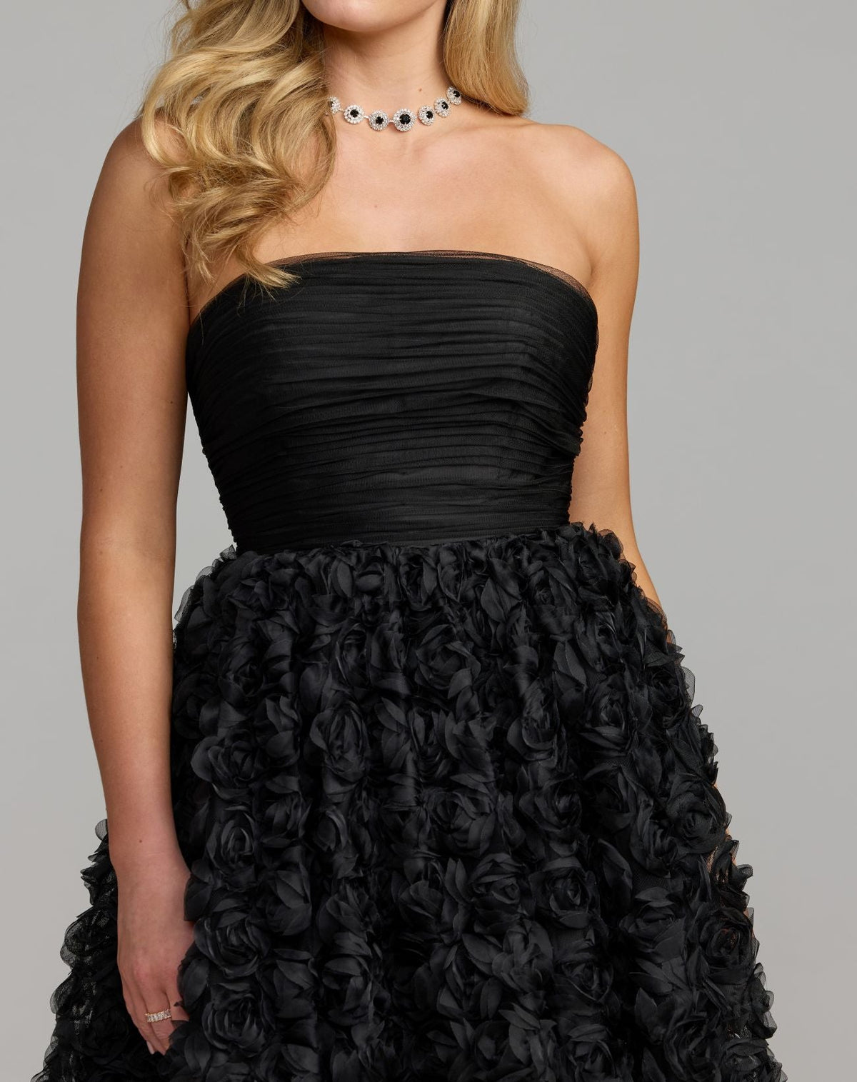 Mac Duggal Petite Black Strapless 3D Rosette Ball Gown