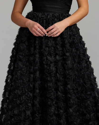 Mac Duggal Petite Black Strapless 3D Rosette Ball Gown