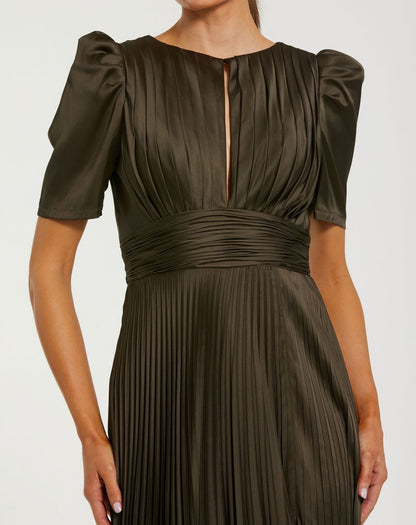 Mac Duggal Petite Olive Green Short Sleeve Pleated Evening Gown With Slit