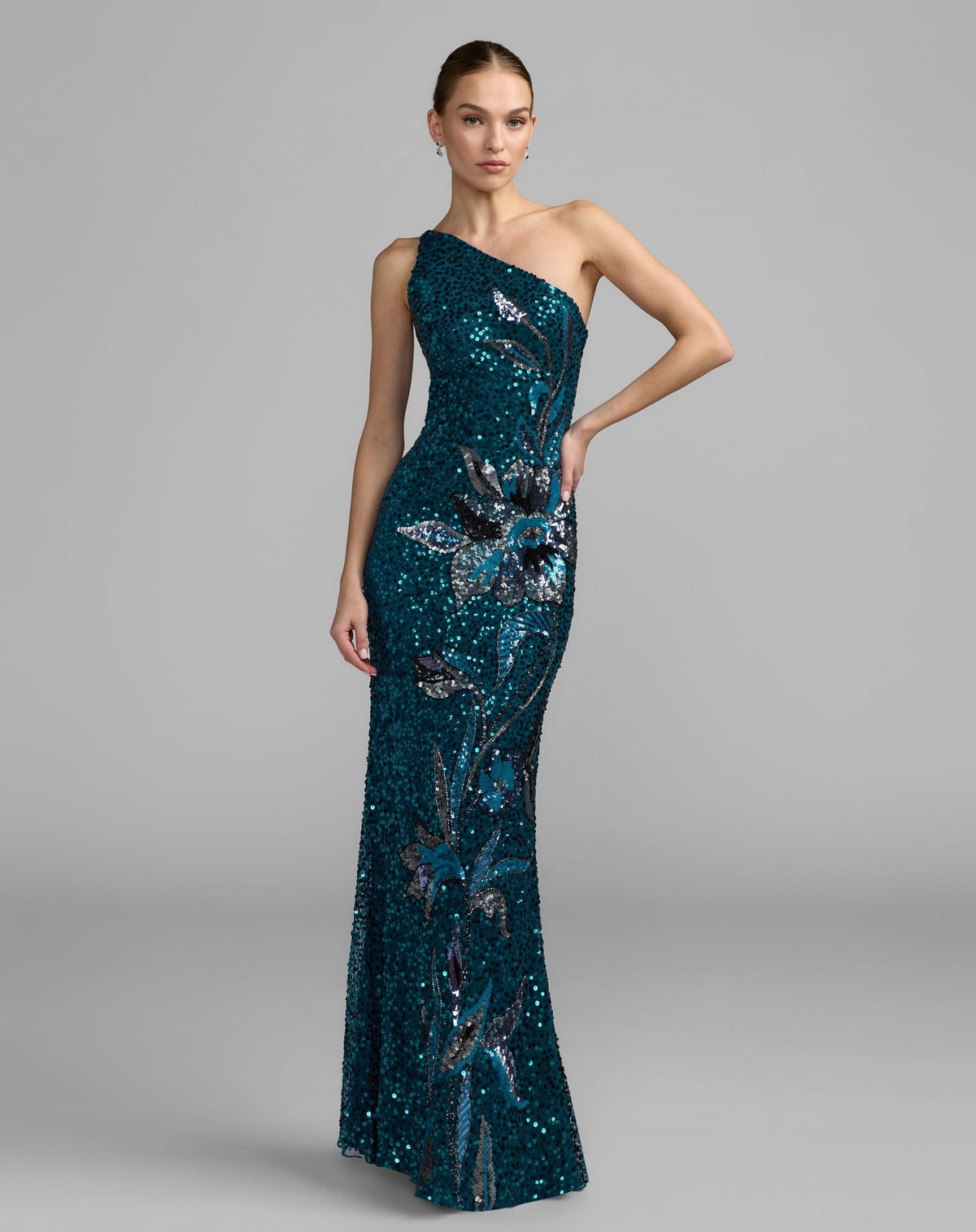 Mac Duggal Petite Teal Floral Sequin One Shoulder Gown