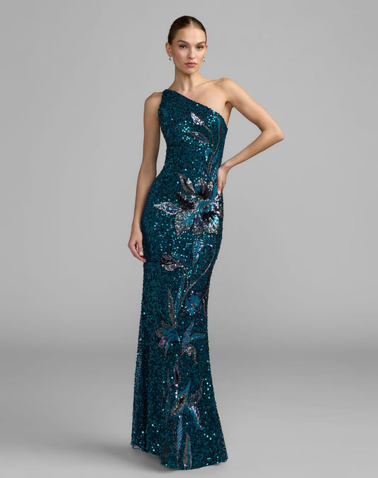 Mac Duggal Petite Teal Floral Sequin One Shoulder Gown