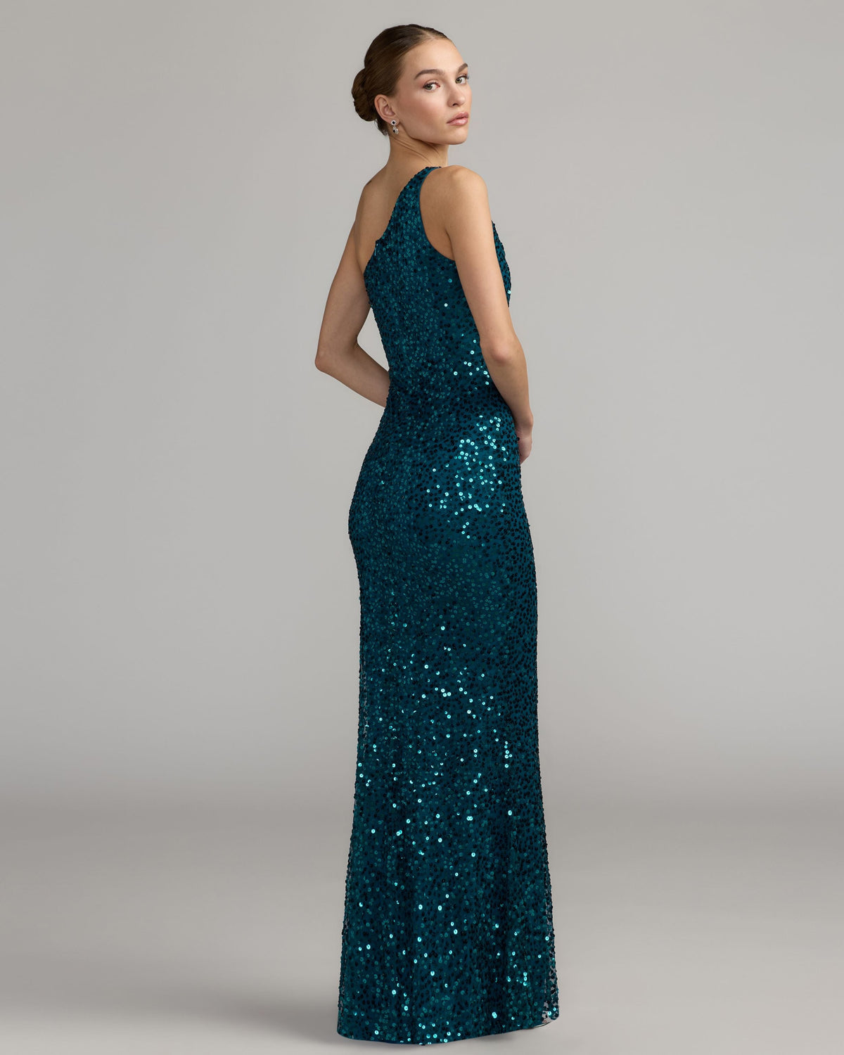 Mac Duggal Petite Teal Floral Sequin One Shoulder Gown