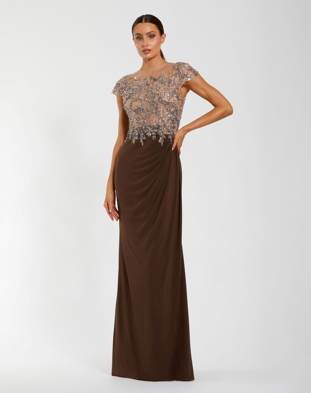 Mac Duggal Petite Brown Illusion High Neck Embellished Jersey Gown