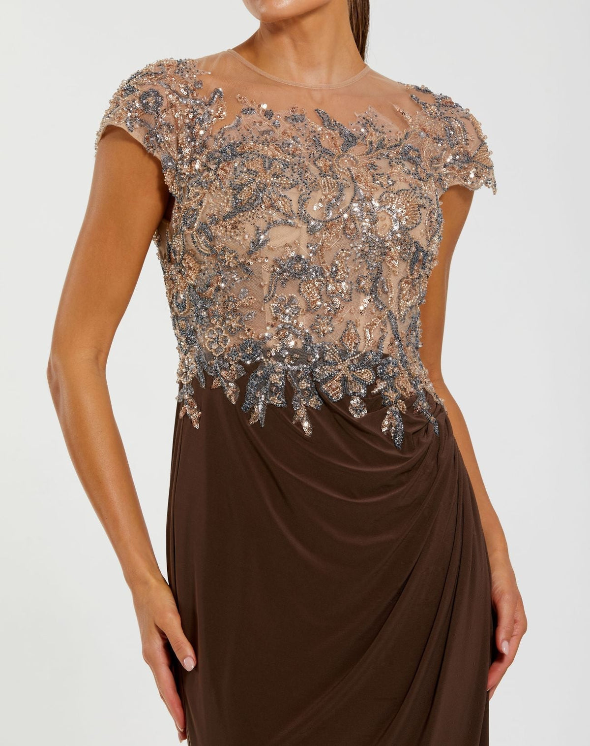 Mac Duggal Petite Brown Illusion High Neck Embellished Jersey Gown