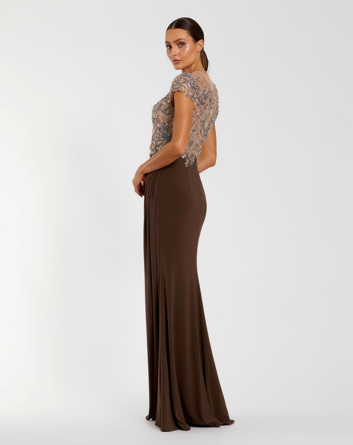 Mac Duggal Petite Brown Illusion High Neck Embellished Jersey Gown