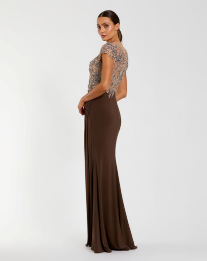 Mac Duggal Petite Brown Illusion High Neck Embellished Jersey Gown