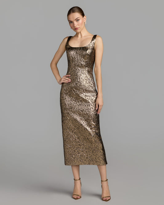 Mac Duggal Petite Gold Metallic Scoop Neck Brocade Midi Dress