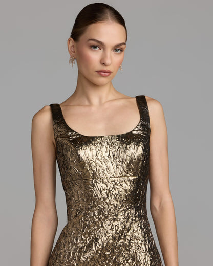 Mac Duggal Petite Gold Metallic Scoop Neck Brocade Midi Dress