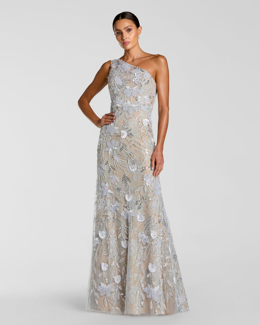 Mac Duggal Petite Blue Sleeveless One Shoulder Embellished Lace Gown