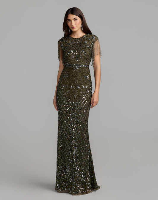 Mac Duggal Petite Green High Neck Beaded Fringe Fitted Gown