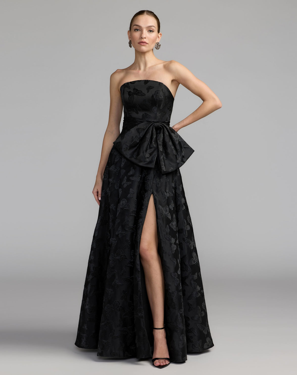 Mac Duggal Petite Black Strapless Brocade A-Line Gown With Bow