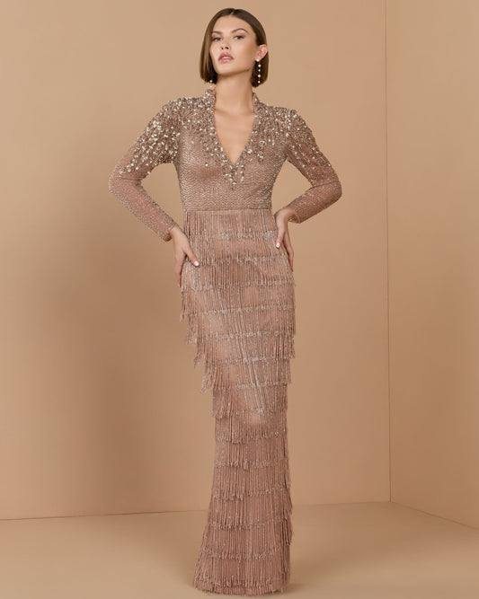 Mac Duggal Petite Brown Beaded Long Sleeve Fringe Column Gown