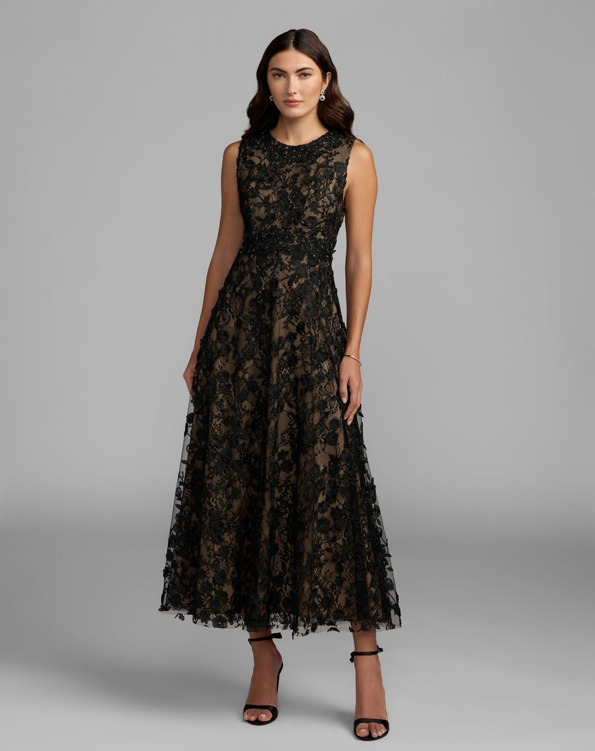 Mac Duggal Petite Black Nude Floral Embroidered High Neck Midi Dress