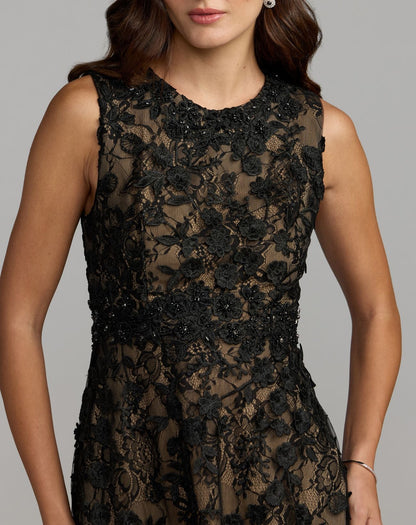 Mac Duggal Petite Black Nude Floral Embroidered High Neck Midi Dress