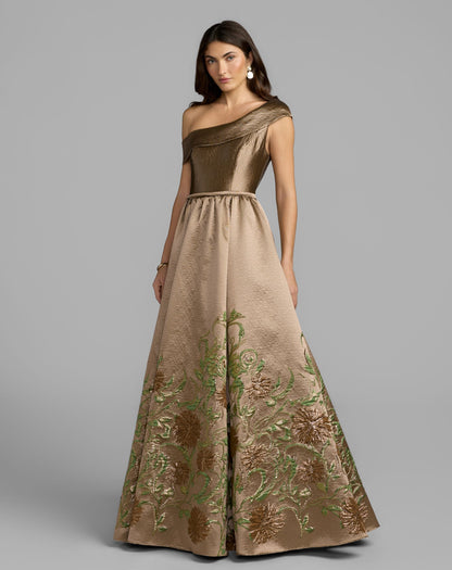 Mac Duggal Petite Beige Floral Off The Shoulder Ball Gown