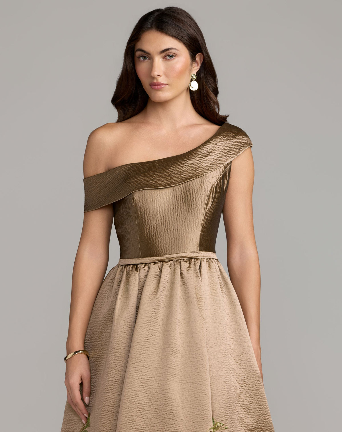Mac Duggal Petite Beige Floral Off The Shoulder Ball Gown