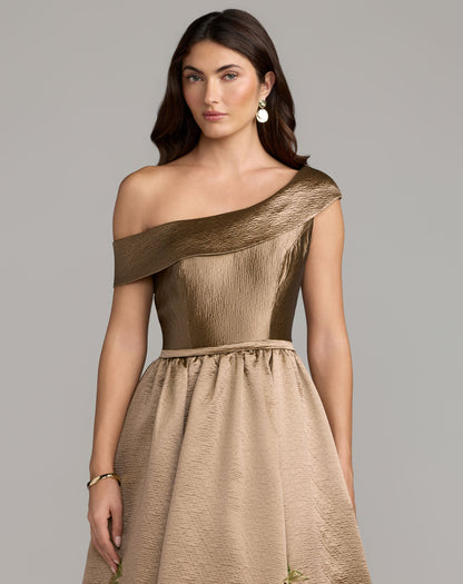 Mac Duggal Petite Beige Floral Off The Shoulder Ball Gown