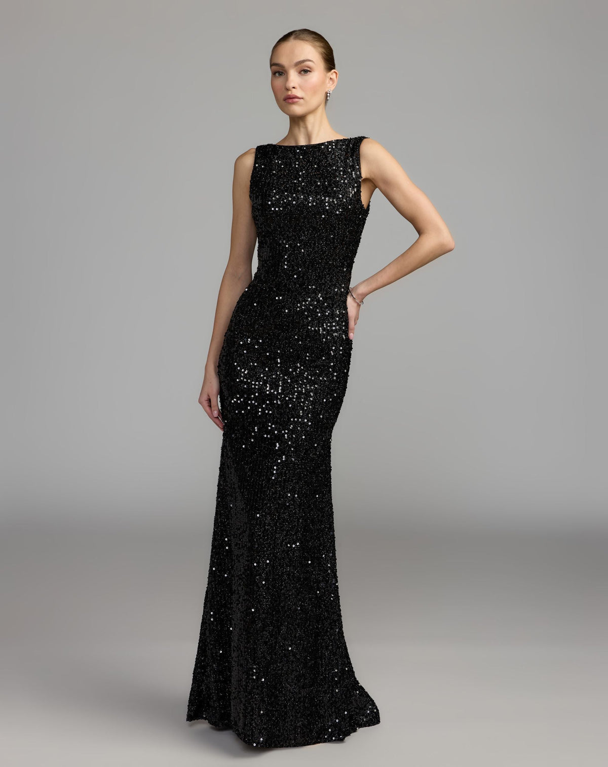 Mac Duggal Petite Black Sleeveless Cowl Back Sequin Evening Gown