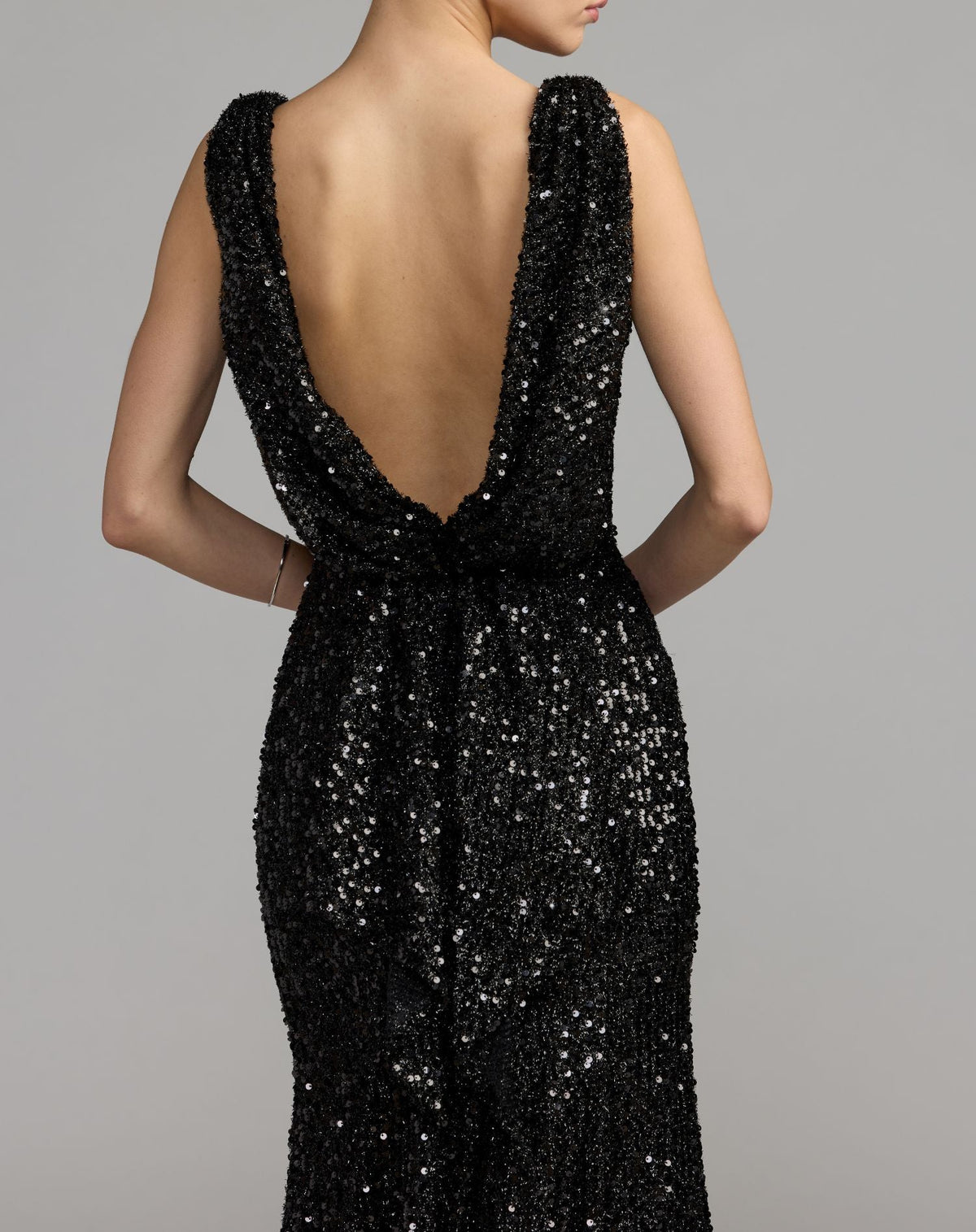 Mac Duggal Petite Black Sleeveless Cowl Back Sequin Evening Gown