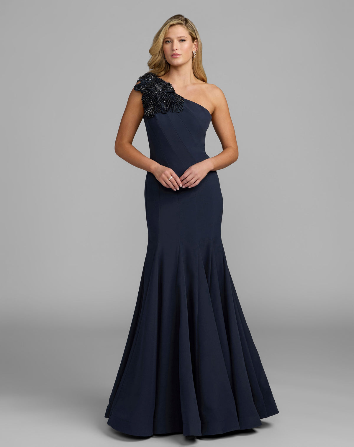 Mac Duggal Petite Navy One Shoulder Trumpet Gown With Crystal Flower