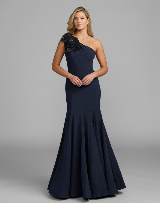 Mac Duggal Petite Navy One Shoulder Trumpet Gown With Crystal Flower