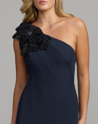 Mac Duggal Petite Navy One Shoulder Trumpet Gown With Crystal Flower