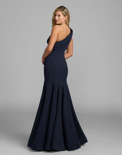 Mac Duggal Petite Navy One Shoulder Trumpet Gown With Crystal Flower