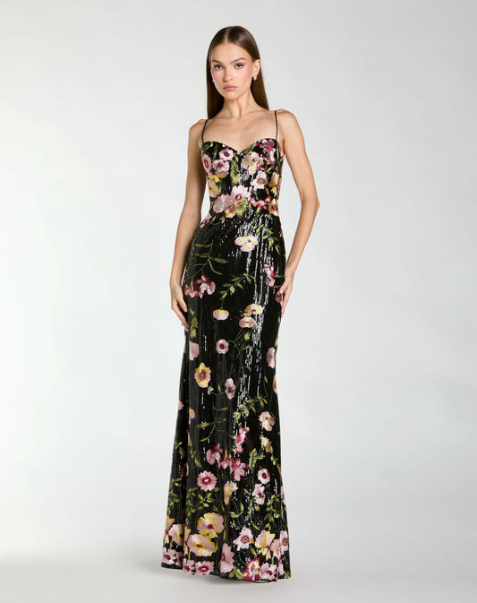 Mac Duggal Petite Black Sleeveless Bustier Floral Applique Gown